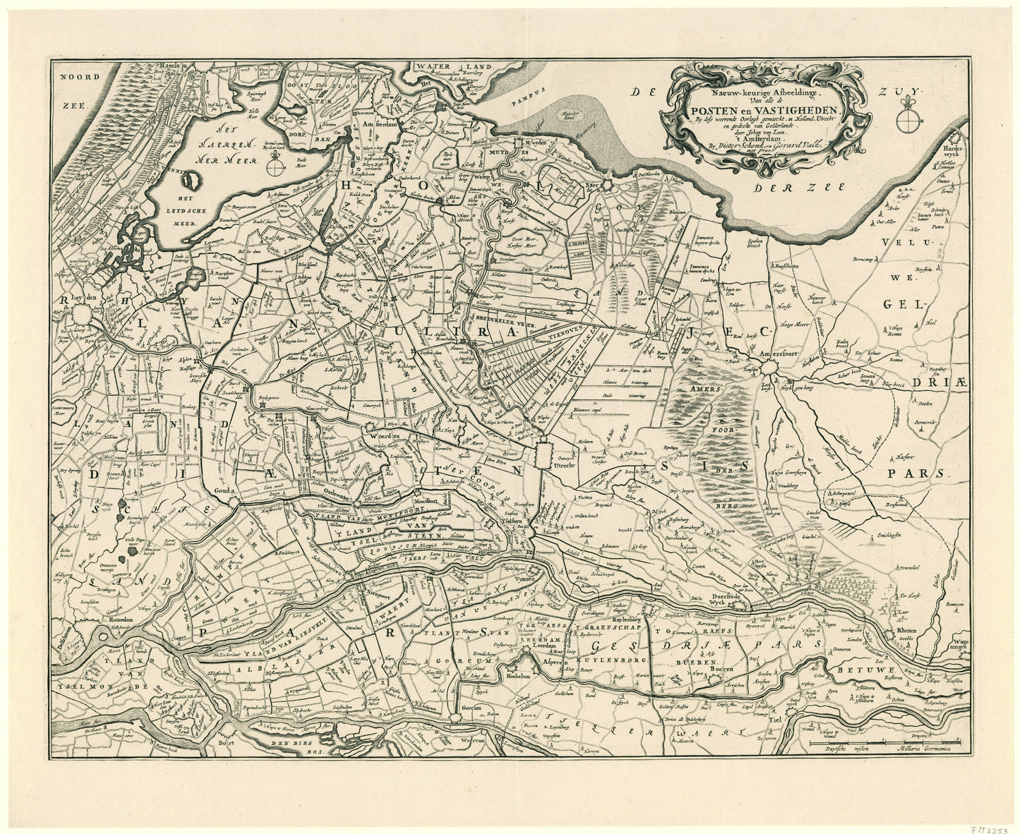 Kaart van de provincies Holland, Utrecht en Gelderland met de vestingen en forten gebouwd tijdens de oorlog in 1672