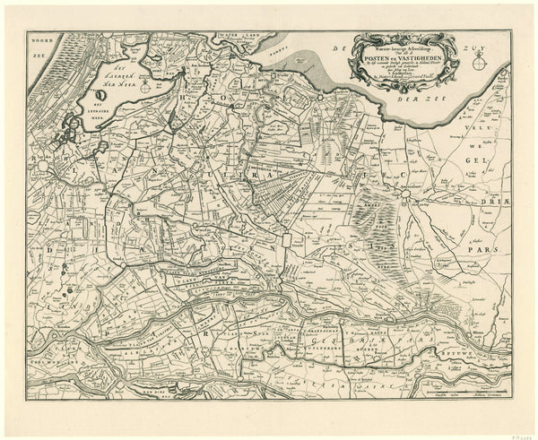 Kaart van de provincies Holland, Utrecht en Gelderland met de vestingen en forten gebouwd tijdens de oorlog in 1672